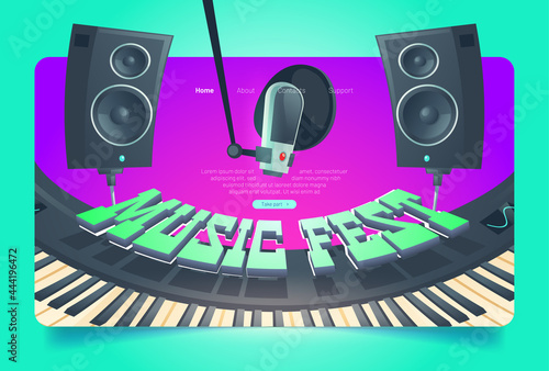 Music fest banner. Invitation to musical festival, live concert event. Vector landing page with cartoon illustration of synthesizer keyboard, loudspeakers and microphone