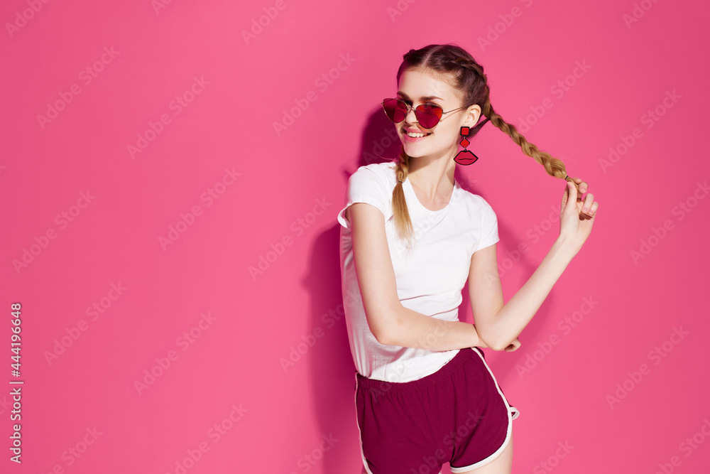 glamorous woman wearing sunglasses pigtails summer clothes posing glamorous woman wearing sunglasses pigtails summer clothes posing