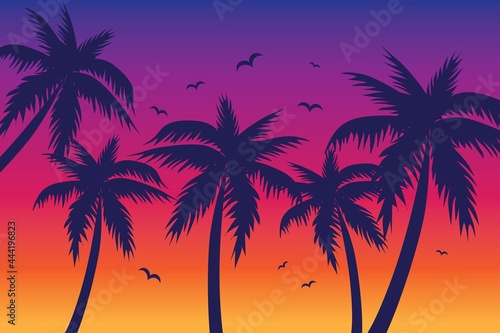 Evening on the beach with palm trees. An evening on the beach with palm trees. Colorful picture for rest. Blue palm trees at sunset. Orange sunset in the blue sky. Vector illustration