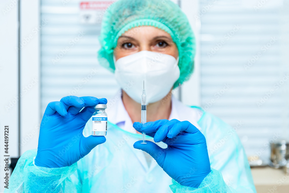 Doctor, woman nurse, scientist hand in white gloves holding bottle, syringe coronavirus, covid-19 vaccine disease preparing for a child, adult, man and woman vaccination shot medicine and drug concept Doctor, woman nurse, scientist hand in white gloves holding bottle, syringe coronavirus, covid-19 vaccine disease preparing for a child, adult, man and woman vaccination shot medicine and drug concept