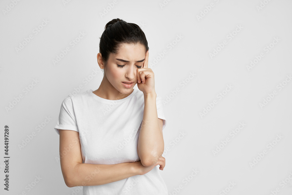 woman in white t-shirt health problem migraines health medicine treatment depression woman in white t-shirt health problem migraines health medicine treatment depression
