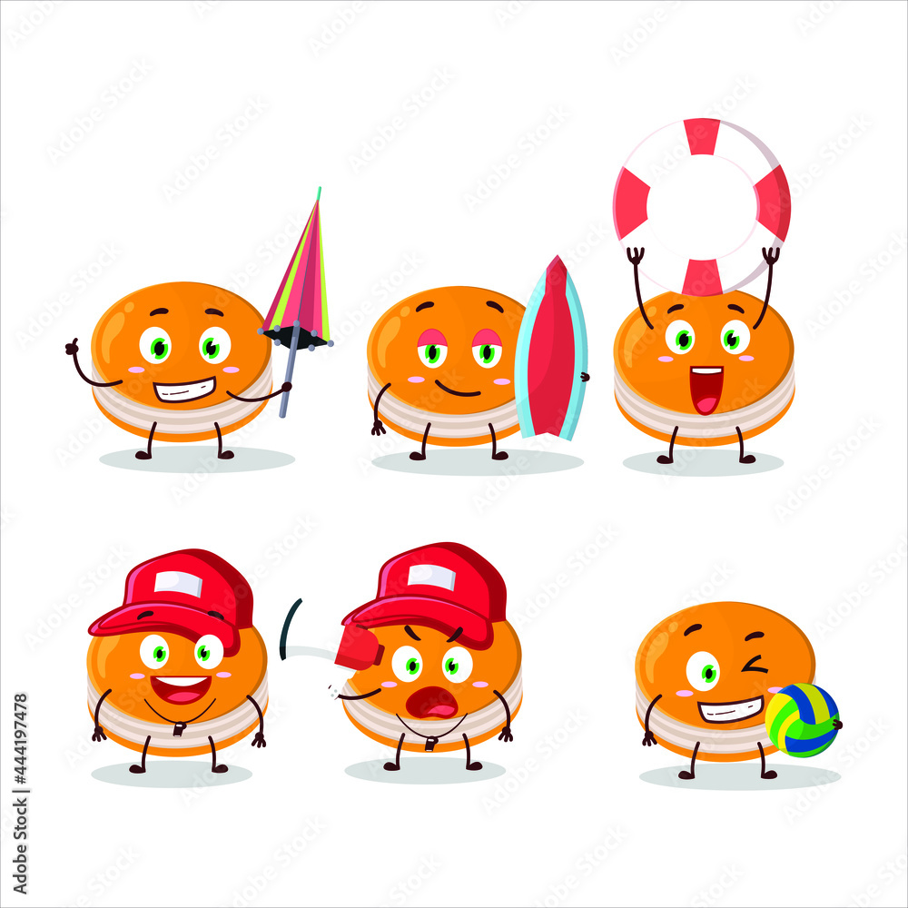 Happy Face orange dorayaki cartoon character playing on a beach. Vector illustration Happy Face orange dorayaki cartoon character playing on a beach. Vector illustration