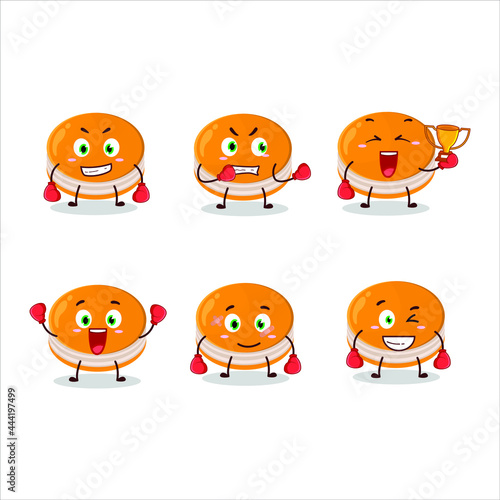 Fototapeta Naklejka Na Ścianę i Meble -  A sporty orange dorayaki boxing athlete cartoon mascot design. Vector illustration