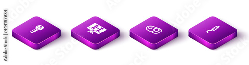 Set Isometric Car key with remote, Diagnostics condition of car, headlight and muffler icon. Vector