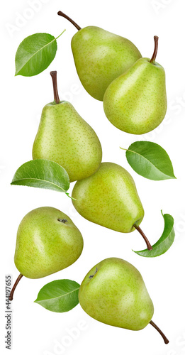 Pear Clipping Path. Ripe whole pear fruit with green leaf and half isolated on white background with clipping path. Pear fruit macro studio photo