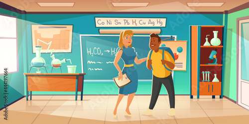Teacher greeting student in chemistry classroom. Vector cartoon illustration of school class interior with flasks on desk, formula on chalkboard, woman and teenager. Back to school concept