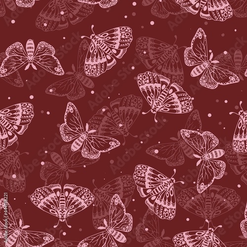 Burgundy pattern of beautiful butterflies. Insects seamless pattern. Vector illustration