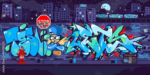 Dark Outdoor Urban Graffiti Wall With Drawings At Night Against The Background Of The Cityscape Vector Illustration Art