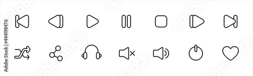 Media player icons set. Button collection. Music, sound, interface, play, headset, arrow, share, power, like, love. Vector illustration.