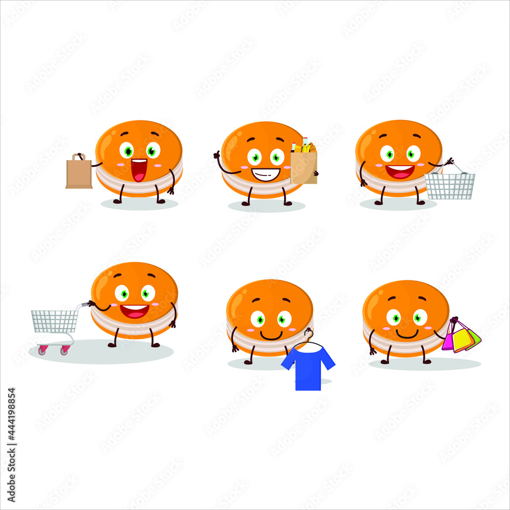 A Rich orange dorayaki mascot design style going shopping. Vector illustration A Rich orange dorayaki mascot design style going shopping. Vector illustration