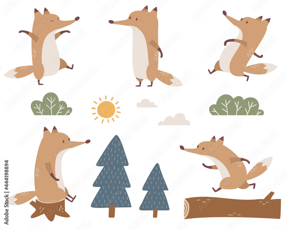 かわいいキツネのキャラクターと風景用デザイン素材のセット Stock Vector Adobe Stock かわいいキツネのキャラクターと風景用デザイン素材のセット Stock Vector Adobe Stock