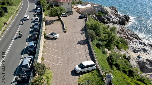 Amazing aerial view of Tuscany coastline in Calafuria area, Italy. Slow motion photo