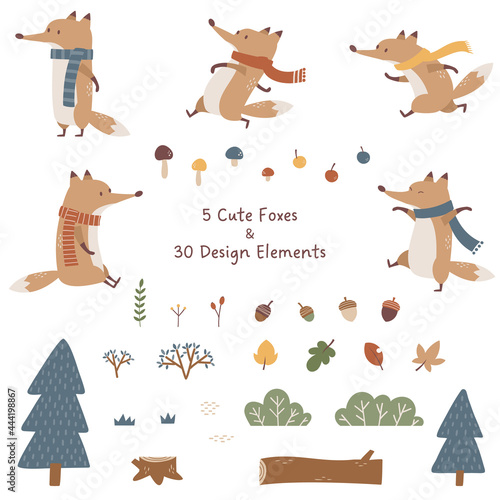 キツネのキャラクターやきのこ、木の実など、秋向けデザイン素材セット