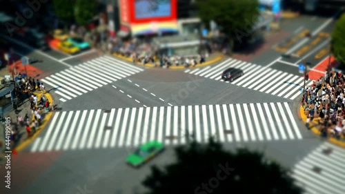日本　東京　渋谷スクランブル交差点の群衆と車の風景　タイムラプス