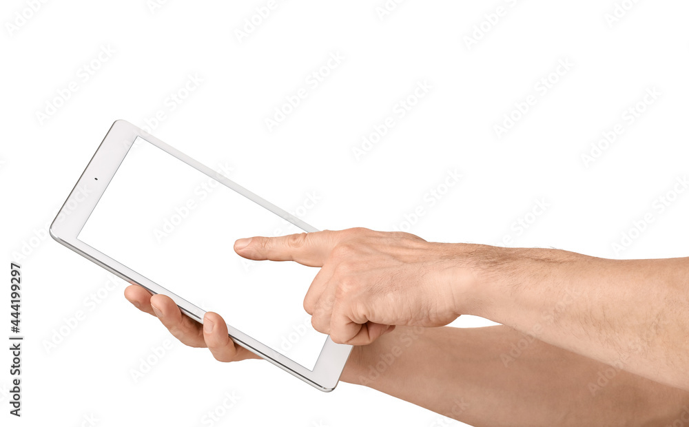 Man with tablet computer on white background