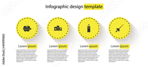 Set Apple and measuring tape, Award over sports winner podium, Punching bag and Fencing. Business infographic template. Vector