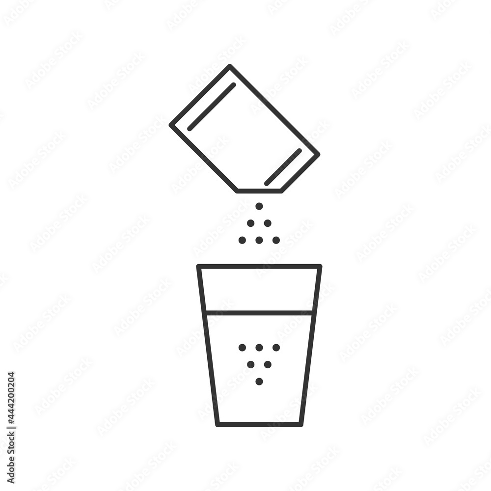 Sachet packet soluble powder glass water line icon. Open paper pack stick with powder. Soluble bag medication or food sugar, salt, cofee. Symbol pouch editable stroke. Vector illustration Sachet packet soluble powder glass water line icon. Open paper pack stick with powder. Soluble bag medication or food sugar, salt, cofee. Symbol pouch editable stroke. Vector illustration