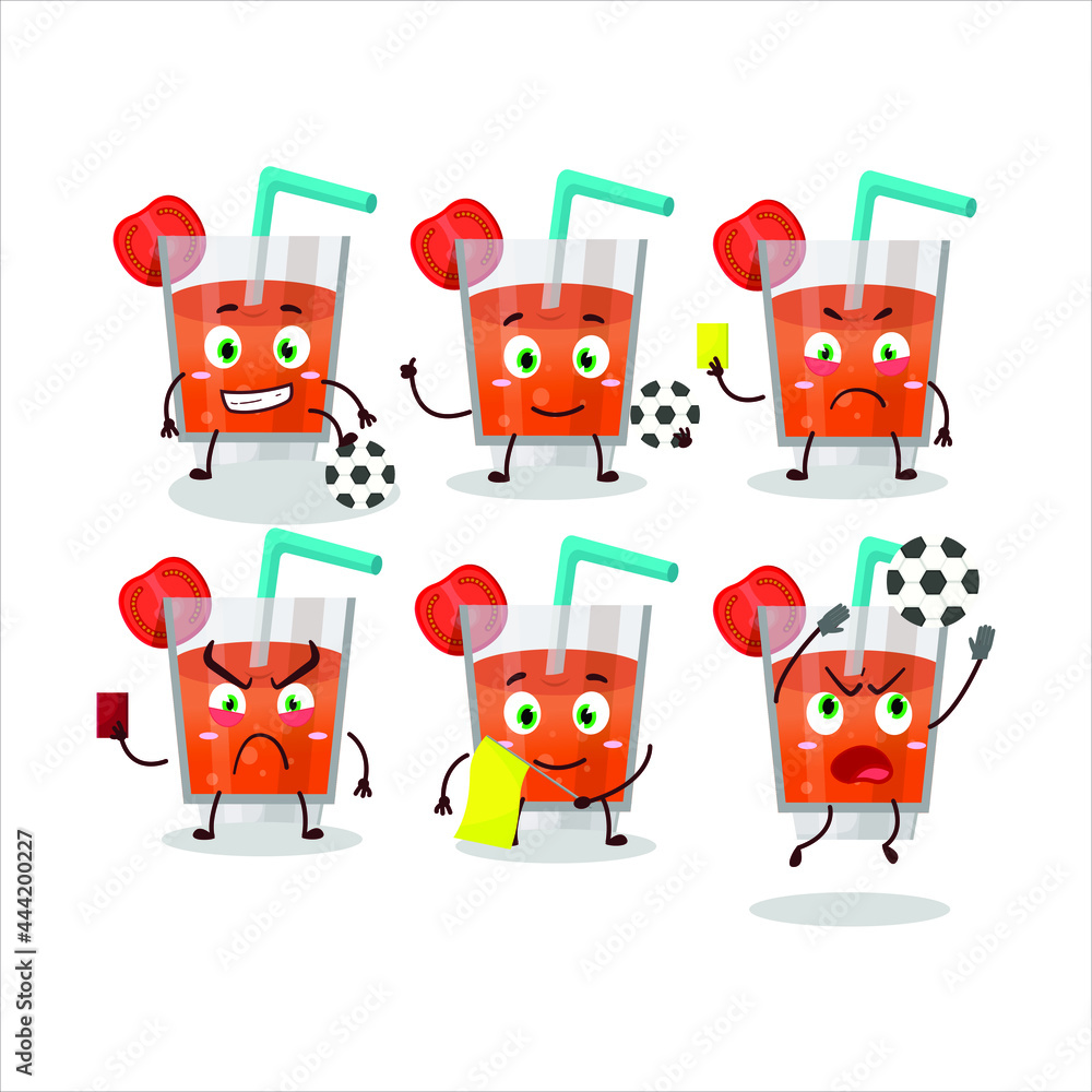 Fototapeta premium Tomato juice cartoon character working as a Football referee. Vector illustration