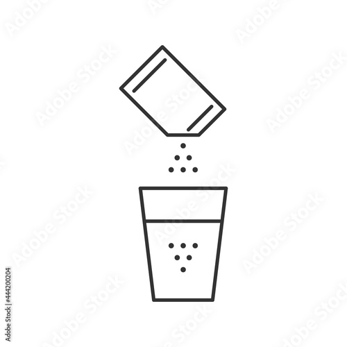 Sachet packet soluble powder glass water line icon. Open paper pack stick with powder. Soluble bag medication or food sugar, salt, cofee. Symbol pouch editable stroke. Vector illustration
