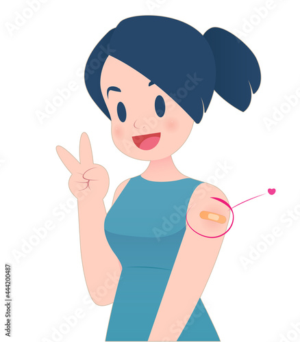 Cartoon woman smiles happily and shows the plaster showing that she has been vaccinated on her arm.