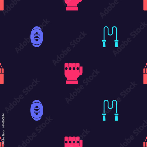 Set Jump rope, American Football ball, MMA glove and Punching bag on seamless pattern. Vector