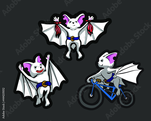Bat character, tethered, cycling, joy. Illustration for children.