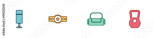 Set Punching bag, Boxing belt, Sport and Kettlebell icon. Vector