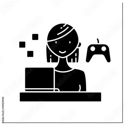 Gamer glyph icon.Woman plays interactive games, especially video games, tabletop role-playing. Having laptop. Enjoying process.Successful woman.Filled flat sign.Isolated silhouette vector illustration