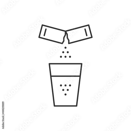Sachet packet soluble powder glass water line icon. Open paper pack stick with powder. Soluble bag medication or food sugar, salt, cofee. Symbol pouch editable stroke. Vector illustration