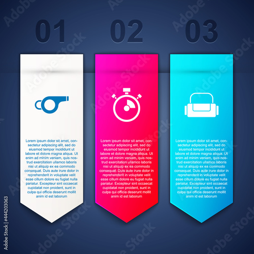 Set Whistle, Stopwatch and Sport bag. Business infographic template. Vector