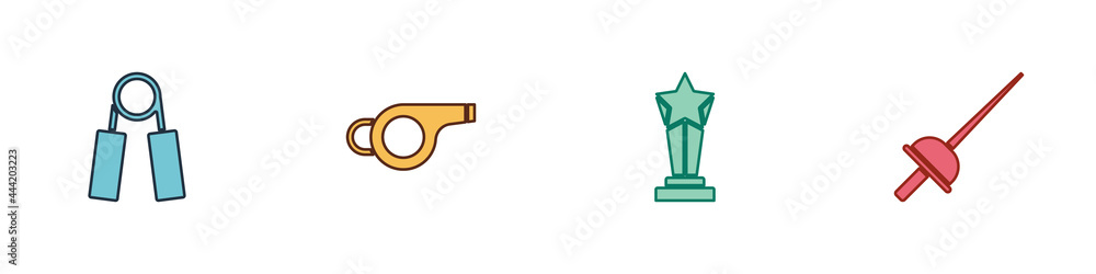 Set Sport expander, Whistle, Award cup and Fencing icon. Vector