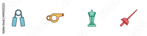 Set Sport expander, Whistle, Award cup and Fencing icon. Vector