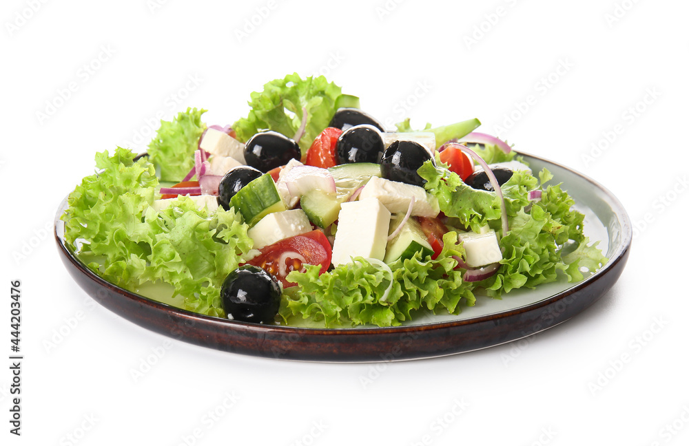 Plate with tasty Greek salad on white background Plate with tasty Greek salad on white background