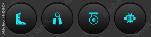Set Sport boxing shoes, expander, Gong and Punch gloves icon. Vector