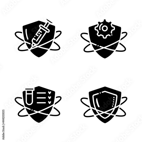 Immune system glyph icons set. Immunology concept. Immunization, immunity system test, immunoglobulin. Health, immunity, disease prevention.Filled flat sign. Isolated silhouette vector illustration
