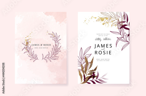 Pink Luxury Wedding Invitation, floral invite thank you, rsvp modern card Design in gold flower with leaf greenery branches decorative Vector elegant rustic template