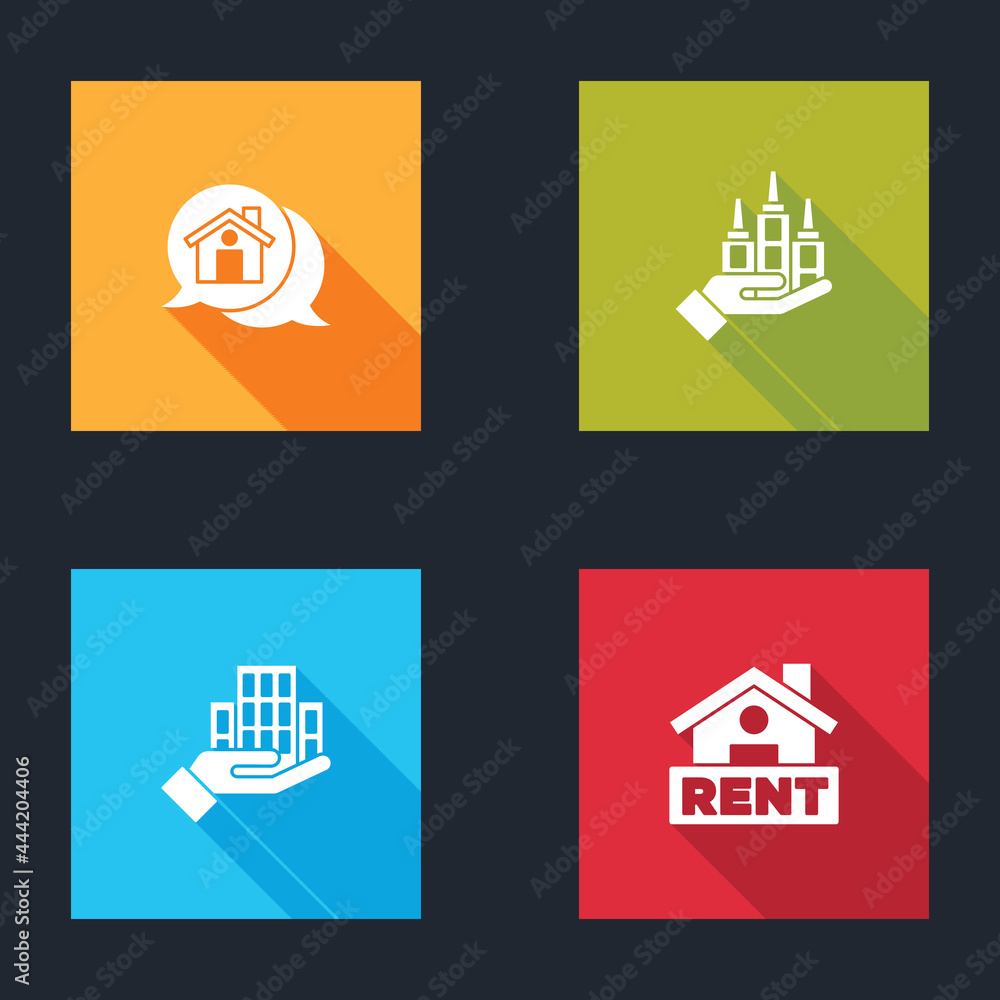 Set Real estate message house, Skyscraper, and Hanging sign with Rent icon. Vector
