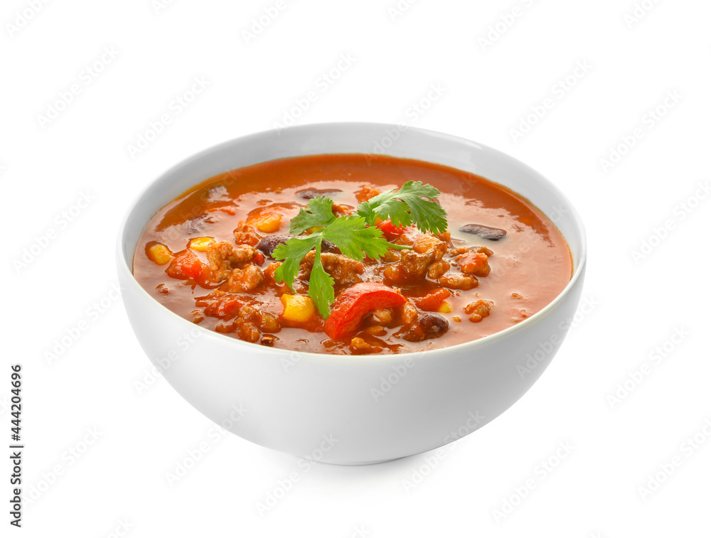 Bowl with delicious chili con carne on white background Bowl with delicious chili con carne on white background