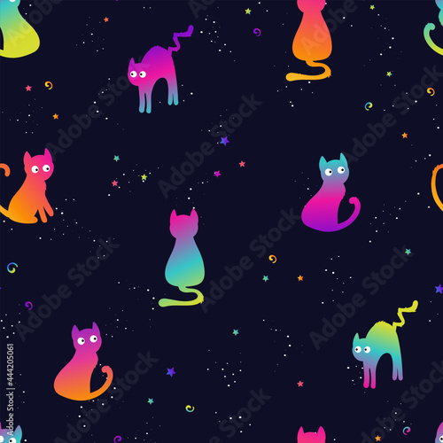 Fun hand drawn cats, cute halloween seamless pattern, great as background, textiles, banners, wallpapers, wrapping - vector design