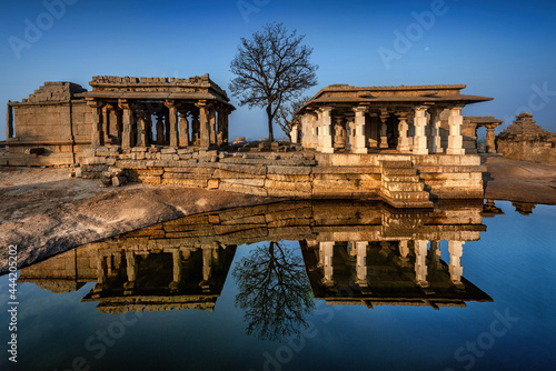 Beautiful ancient architecture of temples on Hemakuta Hill, Hampi, Karnataka, India.