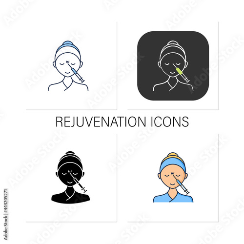 Cosmetic injection icons set.Woman doing injection between eyebrows. Rejuvenation. Beauty cosmetic procedure.Collection of icons in linear, filled, color styles.Isolated vector illustrations