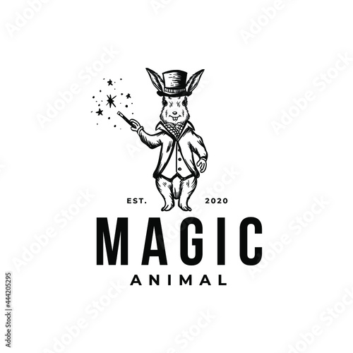 Mascot Rabbit With Hat And Stick Magic Standup Drawing Vintage Vector Illustration Template Icon Design