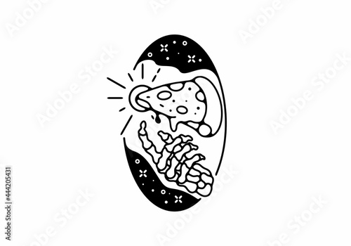 Black line art illustration of skeleton hand and pizza