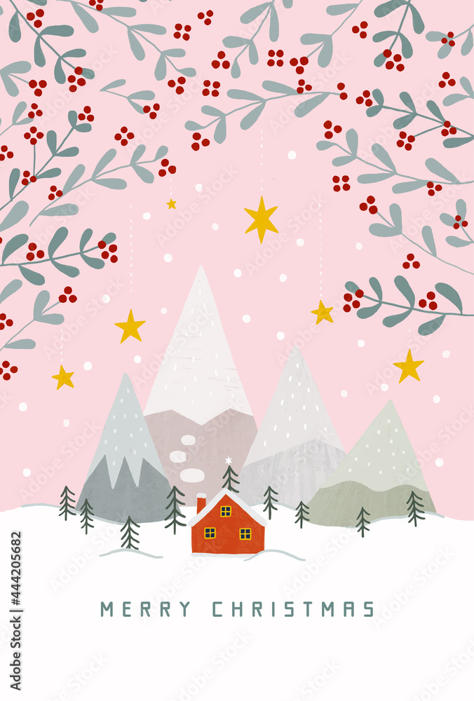 雪化粧の山と赤いお家とモミの木のイラスト ピンク 雪化粧の山と赤いお家とモミの木のイラスト ピンク