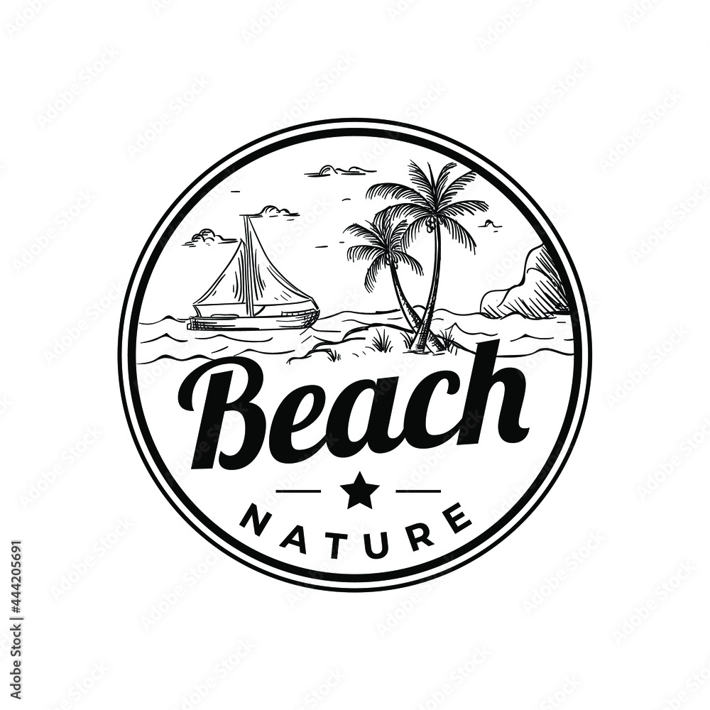 Vintage Badge Summer Beach Sea Water With Plam Trees, Ship Boat And Cloud Drawing Logo Vector Illustration Template Icon Design