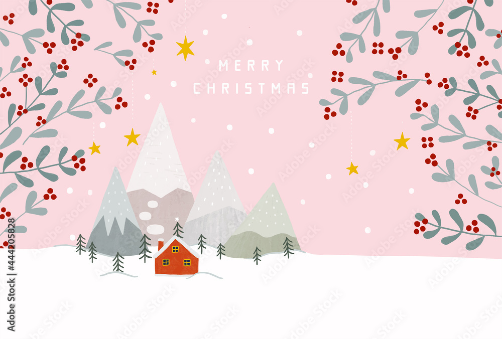 雪化粧の山と赤いお家とモミの木のイラスト ピンク 雪化粧の山と赤いお家とモミの木のイラスト ピンク
