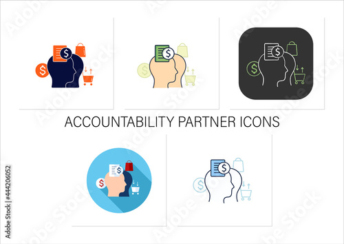 Accountability partner icons set.Find accountability partner.Trusted person.Thoughtful spending money.Mindful spending.Collection of icons in linear, filled, color styles.Isolated vector illustrations
