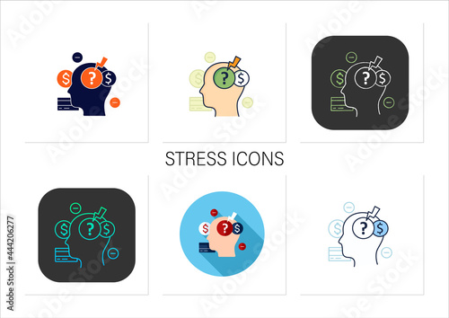 Stress icons set. Stressful situation from money lack. Poverty. Stressful situation. Disappointed. Mindful spending.Collection of icons in linear, filled, color styles.Isolated vector illustrations