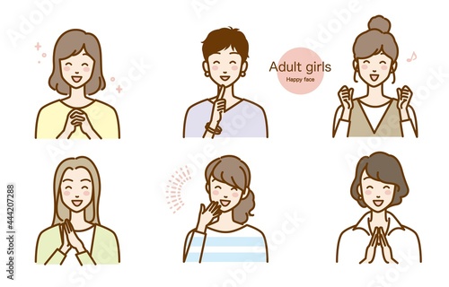 満面の笑顔の女性達のイラストカット ベクター アイコン 嬉しい 喜ぶ
