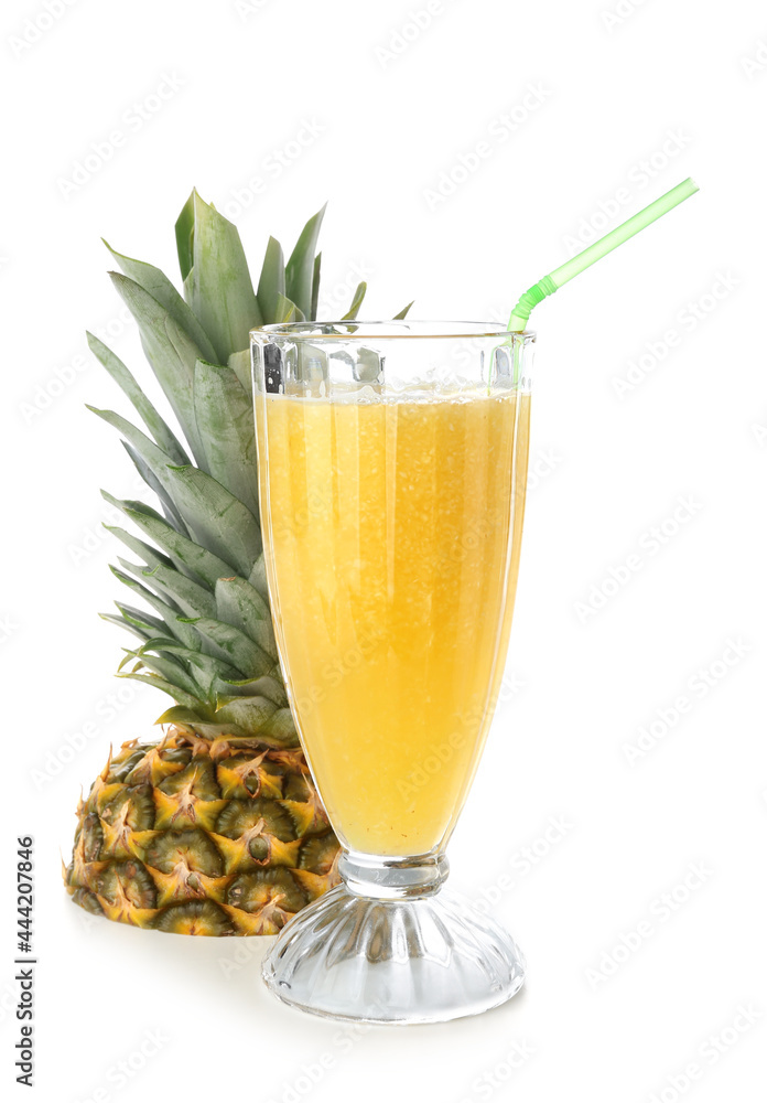 Glass of tasty pineapple smoothie on white background Glass of tasty pineapple smoothie on white background